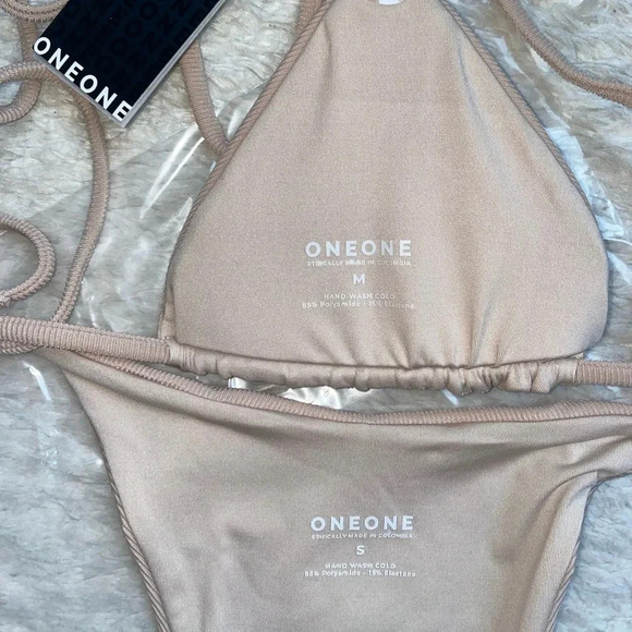 NWT OneOne Swimwear SET Bikini Ariel Sand Nude Beige Cheeky Triangle New Neutral - Picture 3 of 6